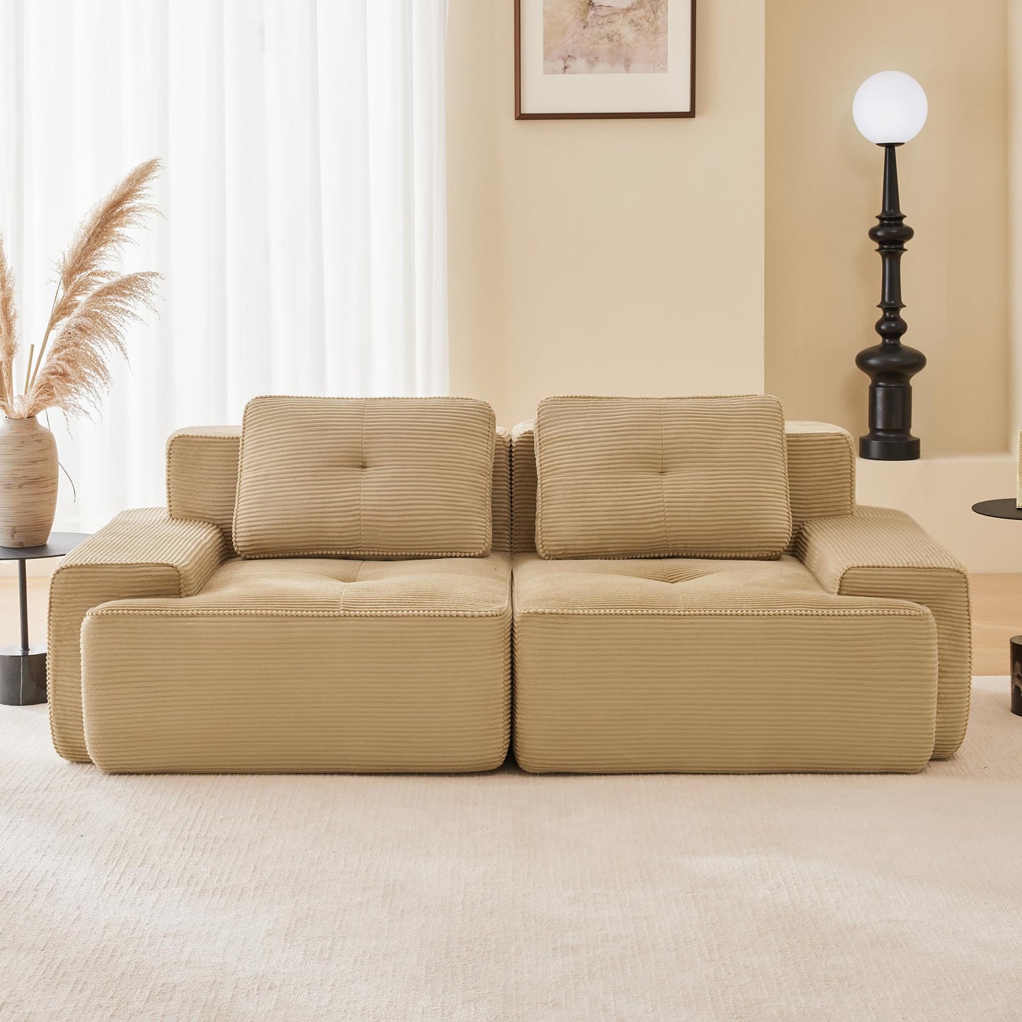 KEIKI 80" Oversized Corduroy Modular Sectional Loveseat Sofa with High-Density Foam Cushion & 2 Pillow, Upholstered Anti-slip Design 2-Seater Tufted Couch, No Assembly Required, for Living Room, Camel