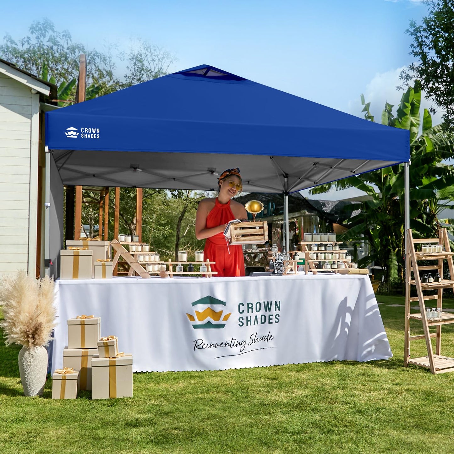 CROWN SHADES 10x10 Pop Up Canopy with 1 Side Wall - Beach Tent with One Push Setup - Outdoor Sun Shade for Events, Parties, Camping - Gazebo with STO-N-Go Cover Bag (Navy Blue)