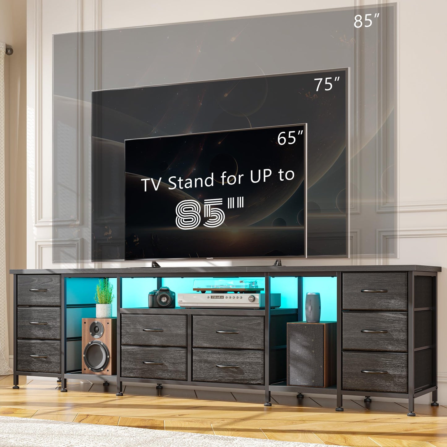 75.5" Long TV Stand for 85/80/75 Inch TVs LED Entertainment Center with Power Outlets & 10 Storage Drawers, Television Stands with 2 Wood Shelves for Living Room Gaming Room Sturdy Metal Frame, Black