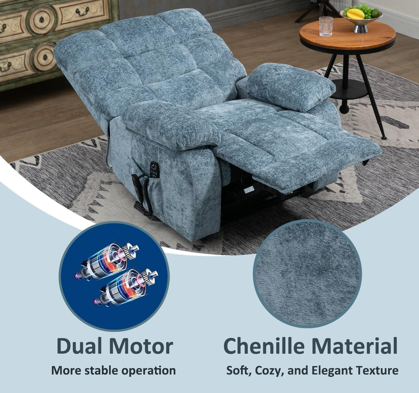 RHHVVR Oversized Power Lift Recliner Chair for Elderly, Dual Motor Lay Flat Recliner Big Chair with Massage and Heating, Chenille Electric Recliner Chairs for Living Room, Medium-Firm, Blue