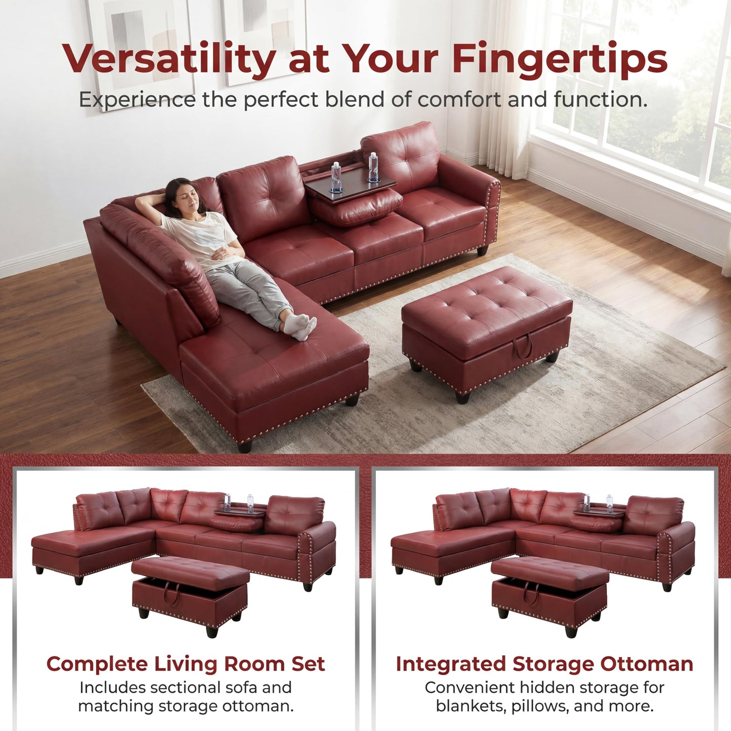 Topcomfy Leather L Shaped Sectional Couches for Living Room - 97.5“ x 69.5" Modular Sectional Sofa with Storage Ottoman, 4 Seat Home Sofa Living Room Furniture Sets with Chaise for Apartment, Red