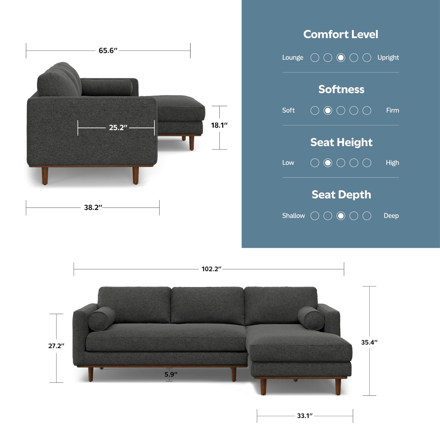 SIMPLIHOME Morrison Right Sectional Sofa in Woven-Blend Recycled Polyester Fabric, Charcoal Grey, 102-inches Wide, L-Shaped Couch with Right Chaise for the Living Room and Family Room