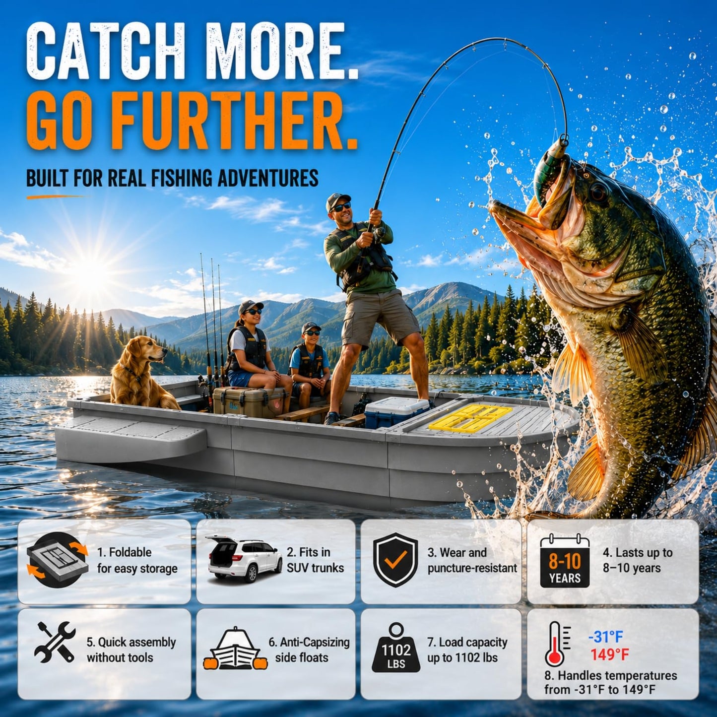 Artigree Fishing Boat, Folding Pontoon Boat, Fits in SUV Trunk - Portable Modular Kayak, Seats 4-6, Motor-Ready, Sturdier Than Inflatable Boats - Ideal for Lure Fishing, Rowing, Travel (Pro, Gray)