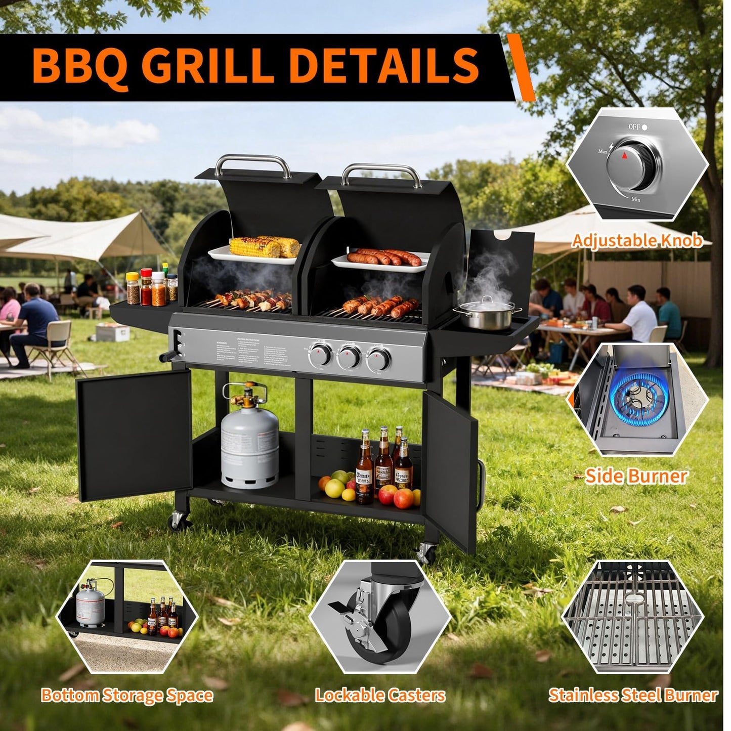 PeakPursuit Dual Fuel Gas & Charcoal Grill Combo – 24,000 BTU Main Disposables, 8,000 BTU Side Disposable, 690 Sq.In. Porcelain Grate, Stainless Steel, Storage Cabinet, Wheels – 24,000 BTU
