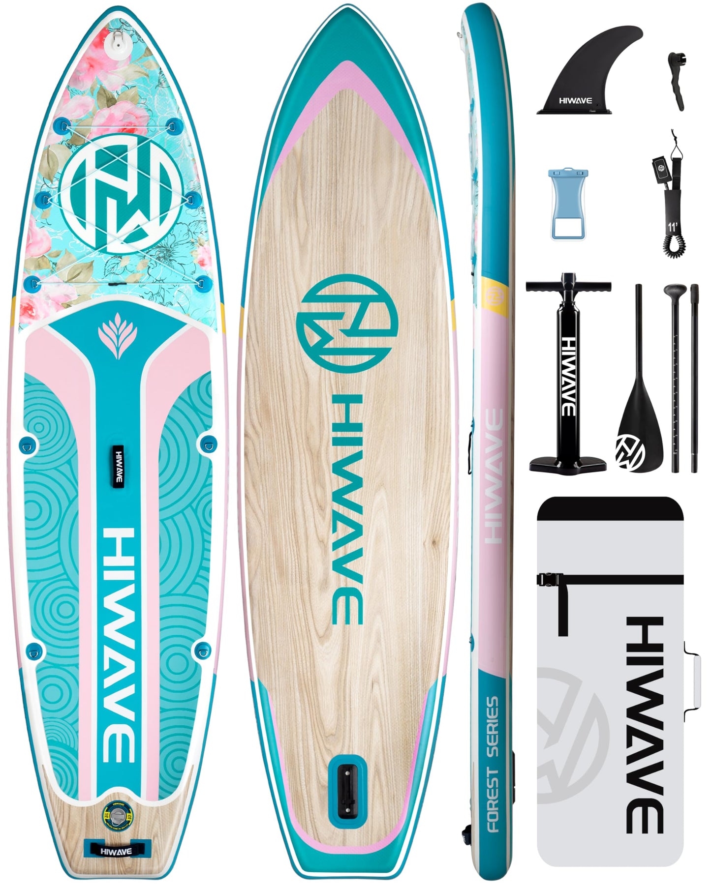 Hiwave Inflatable Paddle Board 11 '* 34 "* 6" Extra Wide Sup Board, 420lb Capicity Paddle Board for Adults, Suitable for Sea and Lakes, 2+1Family Board Green Pink