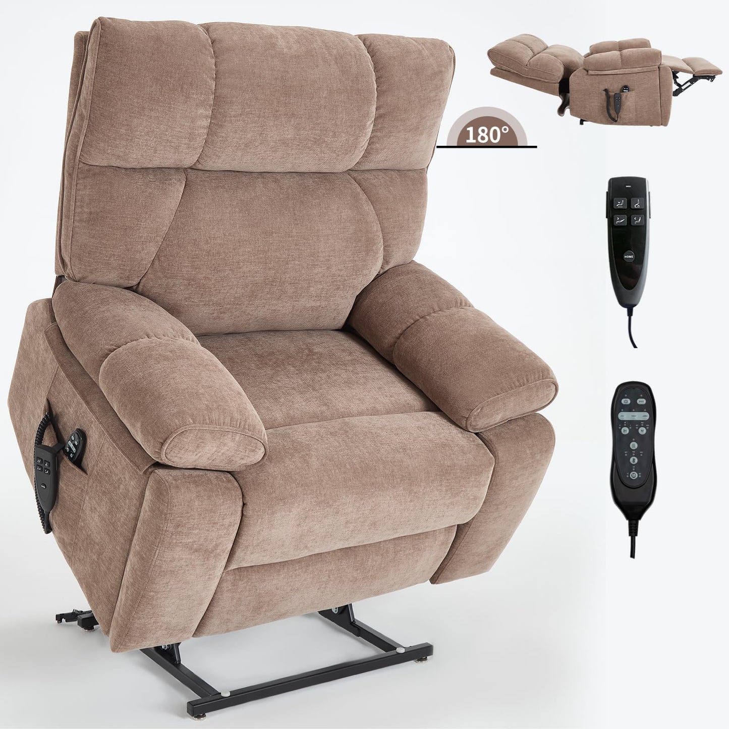 KEIKI Chenille Electric Power Lift Recliner Chair with Heat Massage, Hidden Cup Holders & Timer Function, Elderly Lazy Boy Sofa Seating for Home Theater, Infinite Position, Dual Motor, Up to 350 LBS
