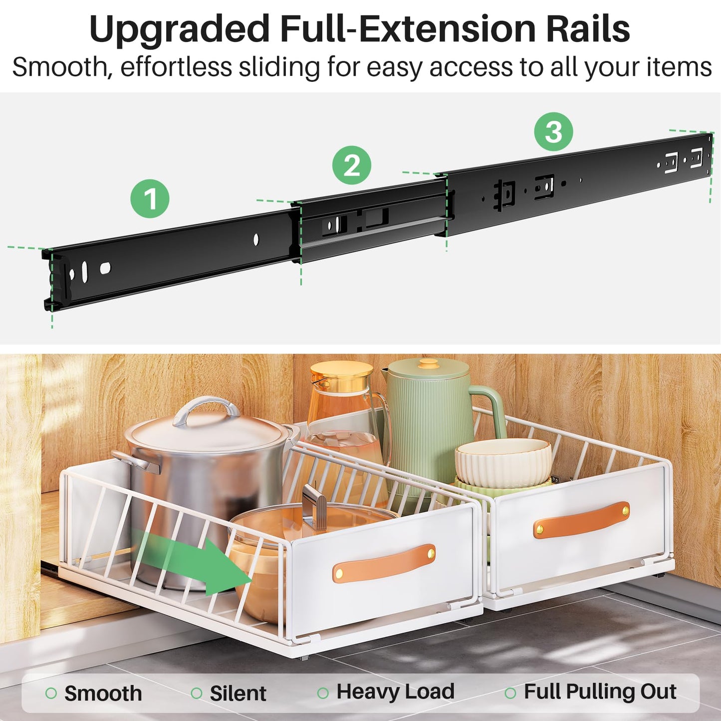4Pack Pull out Cabinet Organizer,Heavy Duty Slide out Pantry Shelves Drawer Storage with Adhesive Nano Film,Sliding Mesh Basket with Handle for Kitchen, Bathroom, Home, 11.8W" X 15.7"D X 6.2"H,White