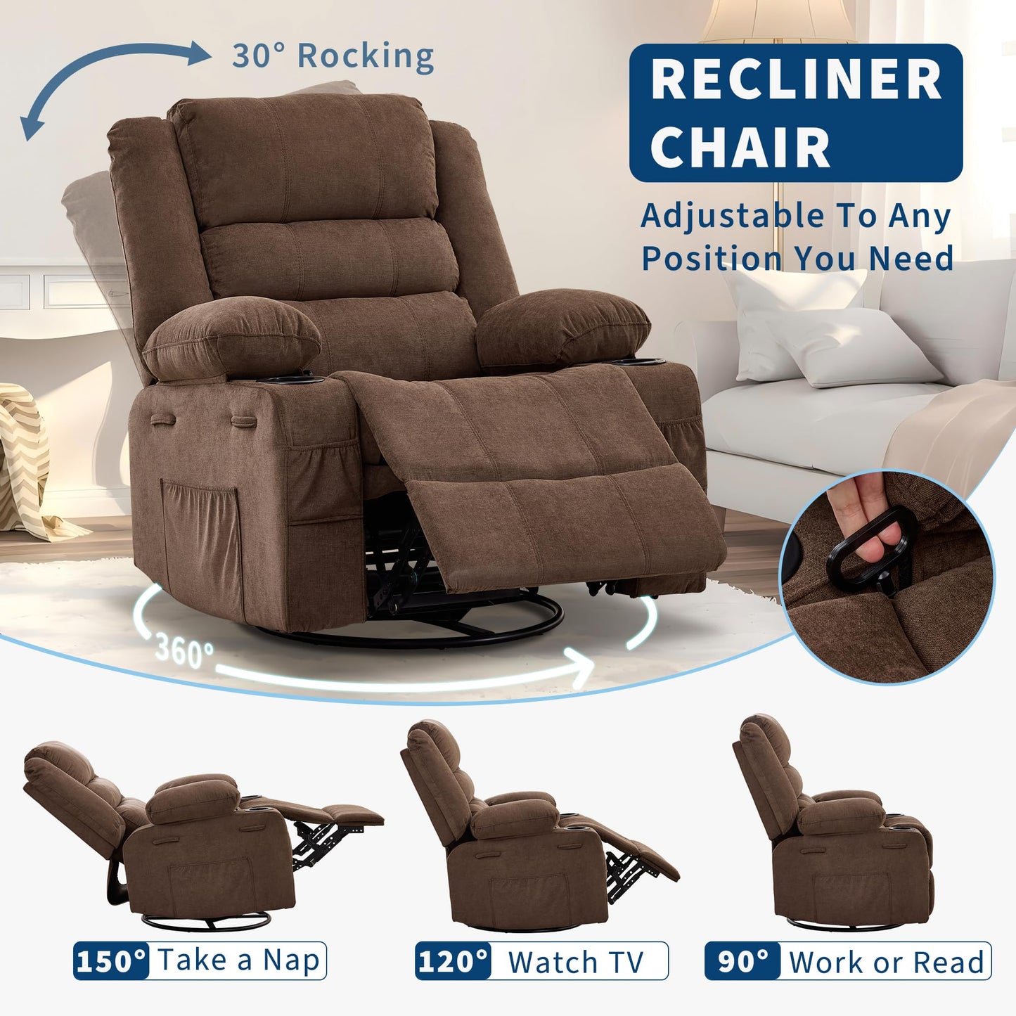 Rocking Recliner Chair for Adults Wide 360° Swivel Rocker Recliner with Cup Holder Nursery Glider with Upholstered Deep Seat Linen Lazy boy Chair for Living Room Browm
