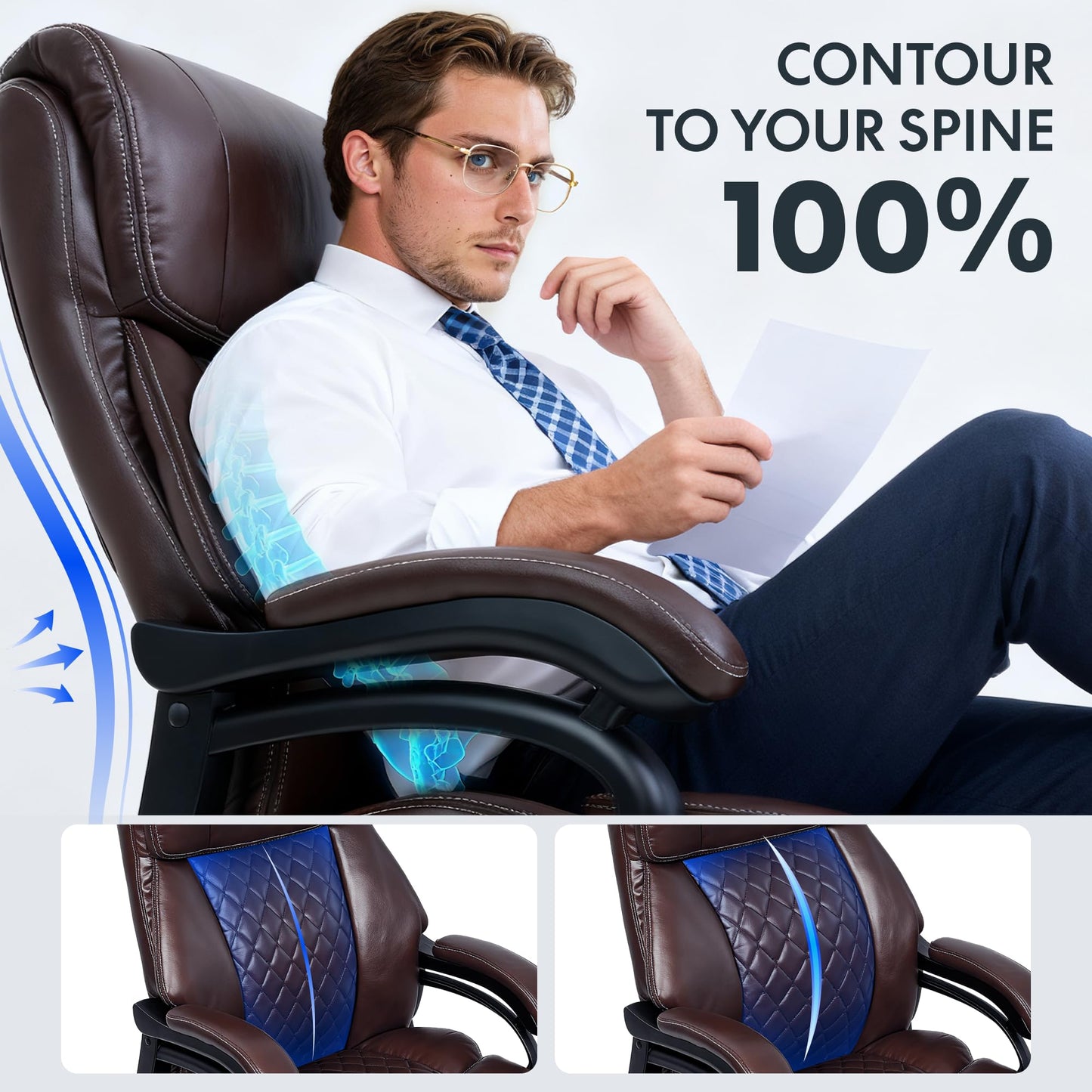 FLEXISPOT 500lbs Big and Tall Office Chair for Heavy People, Heavy Duty Computer Chair with Stable Arms Adjustable Lumbar Support Metal Base, Desk Chairs for Home Office Gaming Working, Leather, Brown