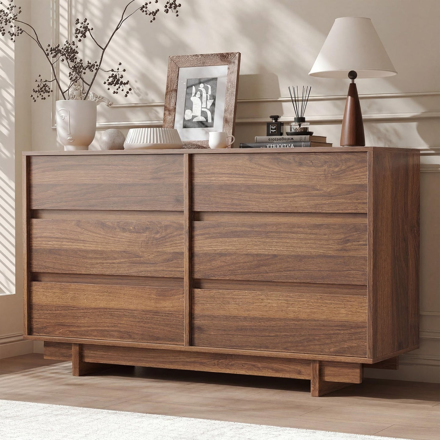CHUWELL 47" Wide Dresser for Bedroom, Walnut Mid Century Modern Dressers with 6 Drawers, Adequate Capacity Storage,Closet Clothes Organizer for Bedroom