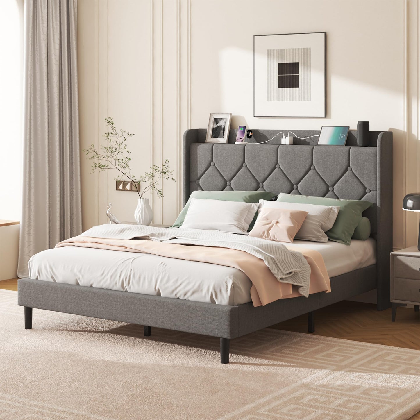 Lcwtvgxr Full Size Bed Frame with Diamond Tufted Linen Headboard & Storage Shelf, Space-Saving Platform Bed with Wood Slats & Sturdy Metal Frames, No Box Spring Needed, Easy Assembly, Gray