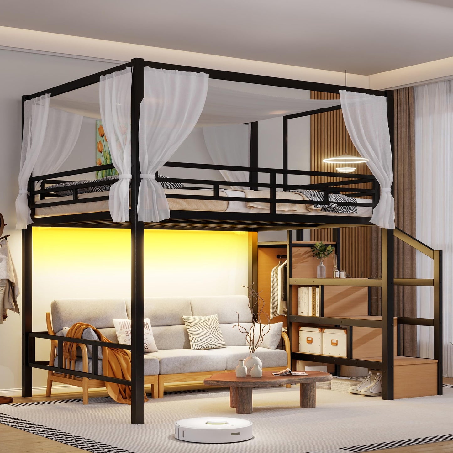 Bellemave Queen Size Loft Bed with Stairs and Wardrobe,Heavy Duty Metal Loft Bed Frame with Canopy for for Kids,Teens,Adults,Natural Wood