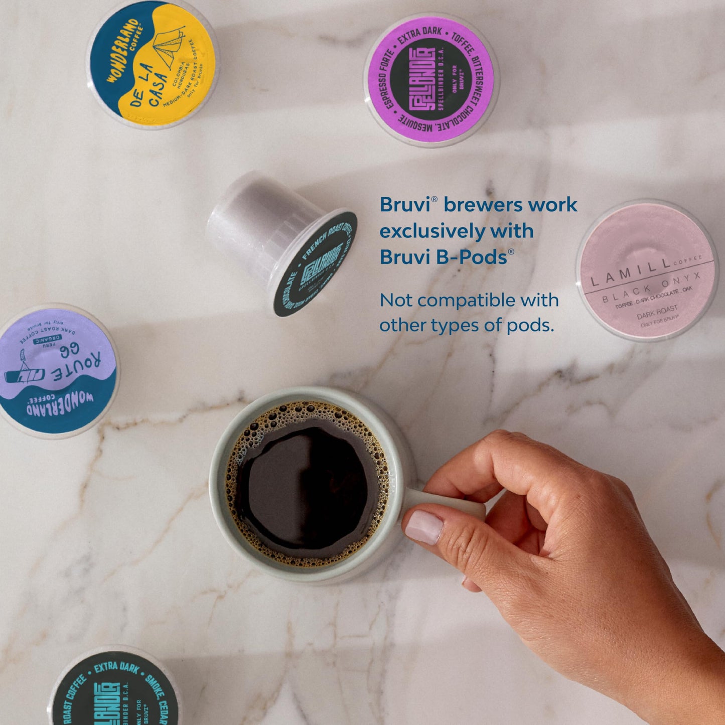 BRUVI Single-Serve Coffee Maker Bundle | Brews Coffee, Espresso, Cold Brew, Matcha Green Tea & More | Includes Brewer + 20 Dark Roast Pods | Touchscreen, WiFi, 70 oz Tank | Black