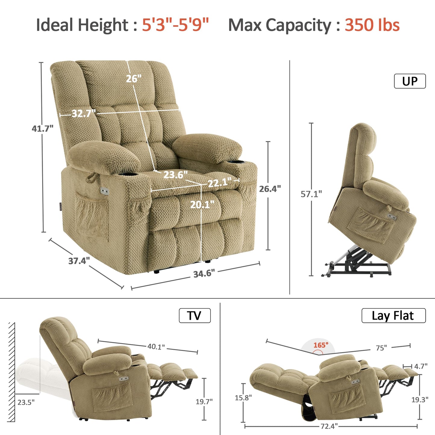 MCombo Dual Motor Power Lift Recliner Chair with Massage and Heat for Elderly People, Infinite Position, USB Ports, Cup Holders, Fabric 7890 (Medium, Beige)