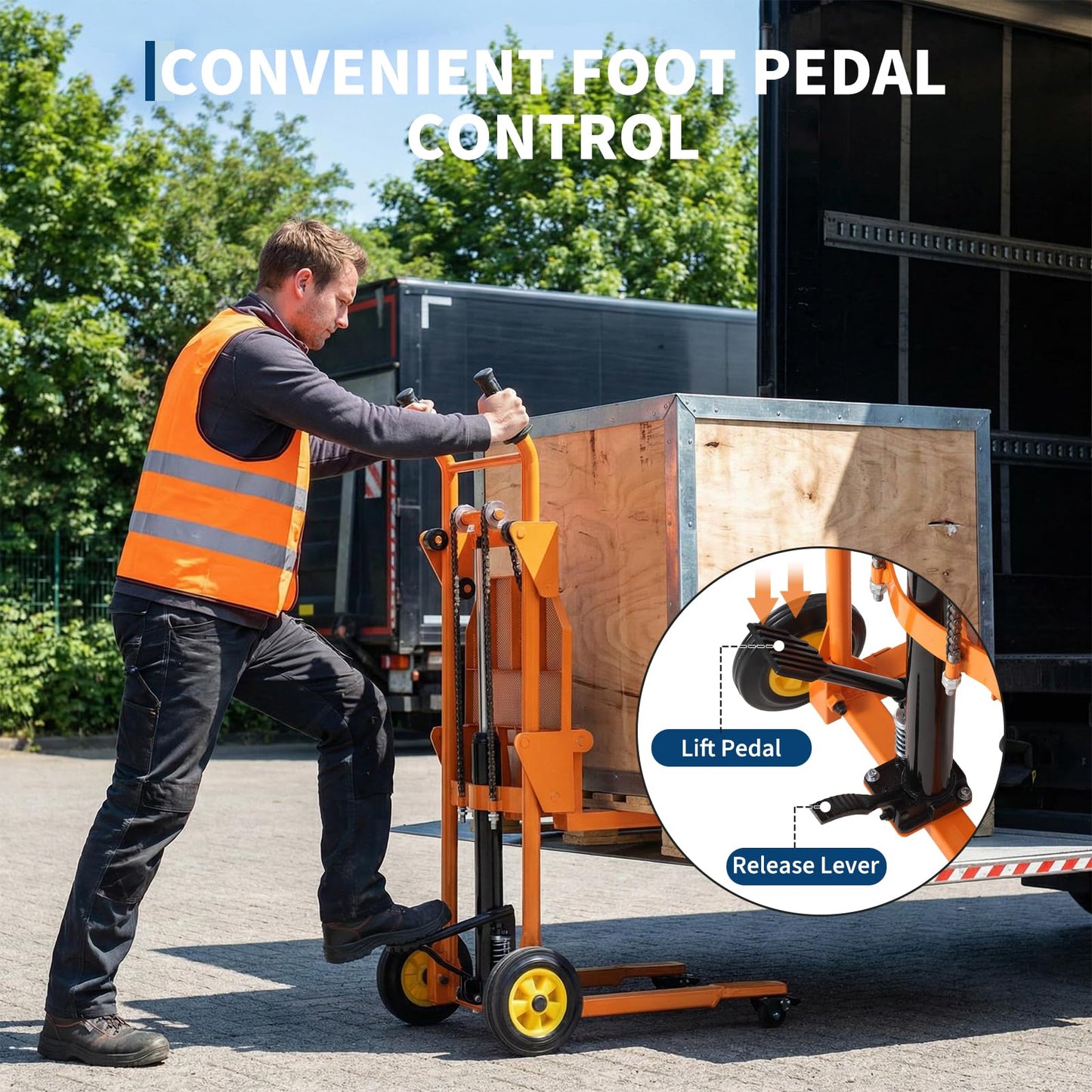 450LBS Hydraulic Material Lift Dolly-Adjustable Manual Fork Winch Stacker,Pallet Truck Fork Lift Dolly Cart with Removable Platform, 36" Max Lift
