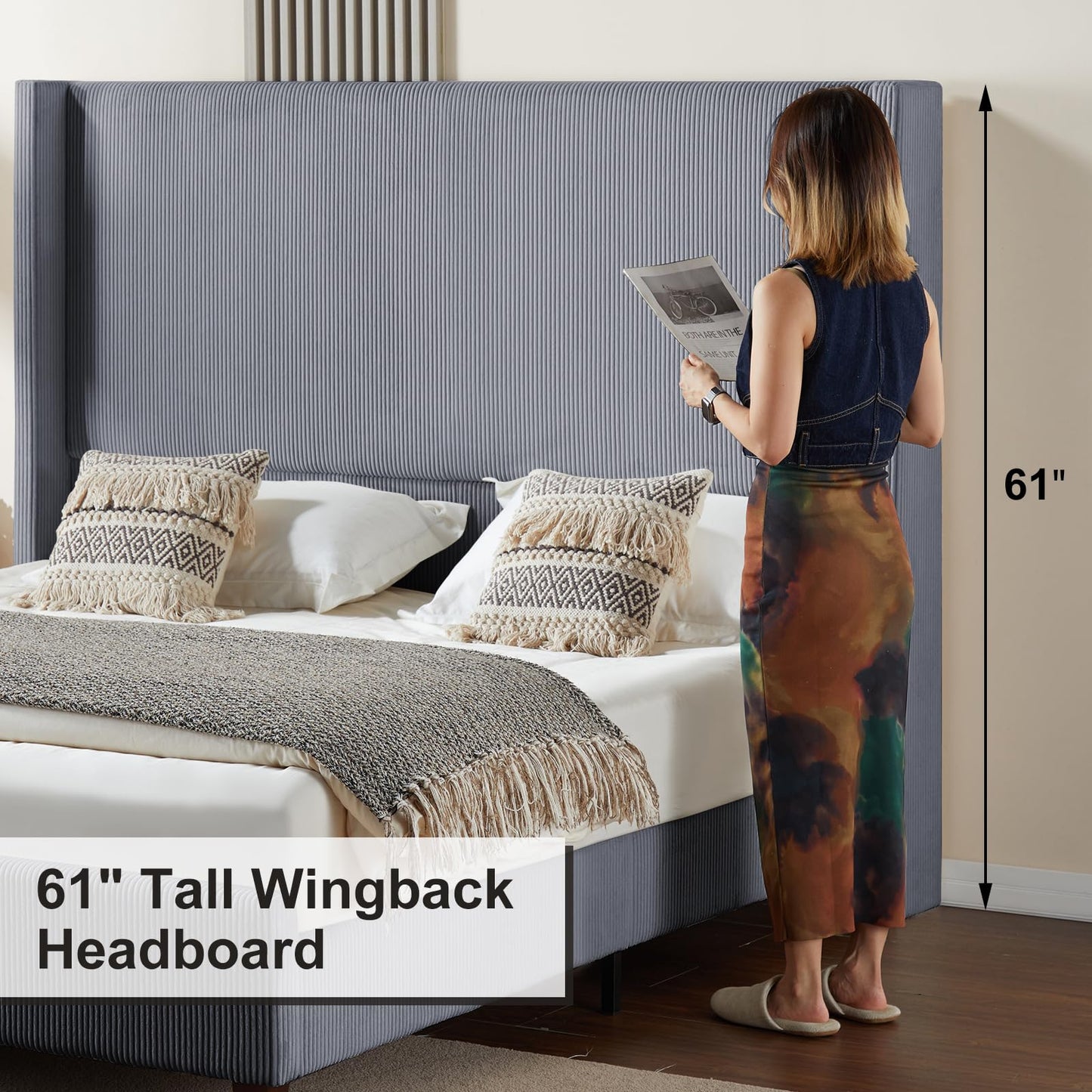HOWE King Size Bed Frame with 61.4" Extra Tall Headboard, Corduroy Upholstered Bed with Vertical Wingback Headboard, No Box Spring Needed/Noise Free/Solid Wood Slats & Legs/Grey