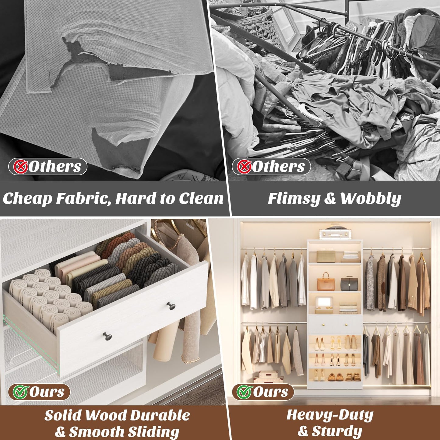 Armocity Wood Closet Organizer System - 4FT-9FT Expandable Wardrobe Closet with Drawer & 4 Hanging Rods, Heavy Duty Walk-in Closet 1000Lbs for Bedroom Walk-in Closet, White