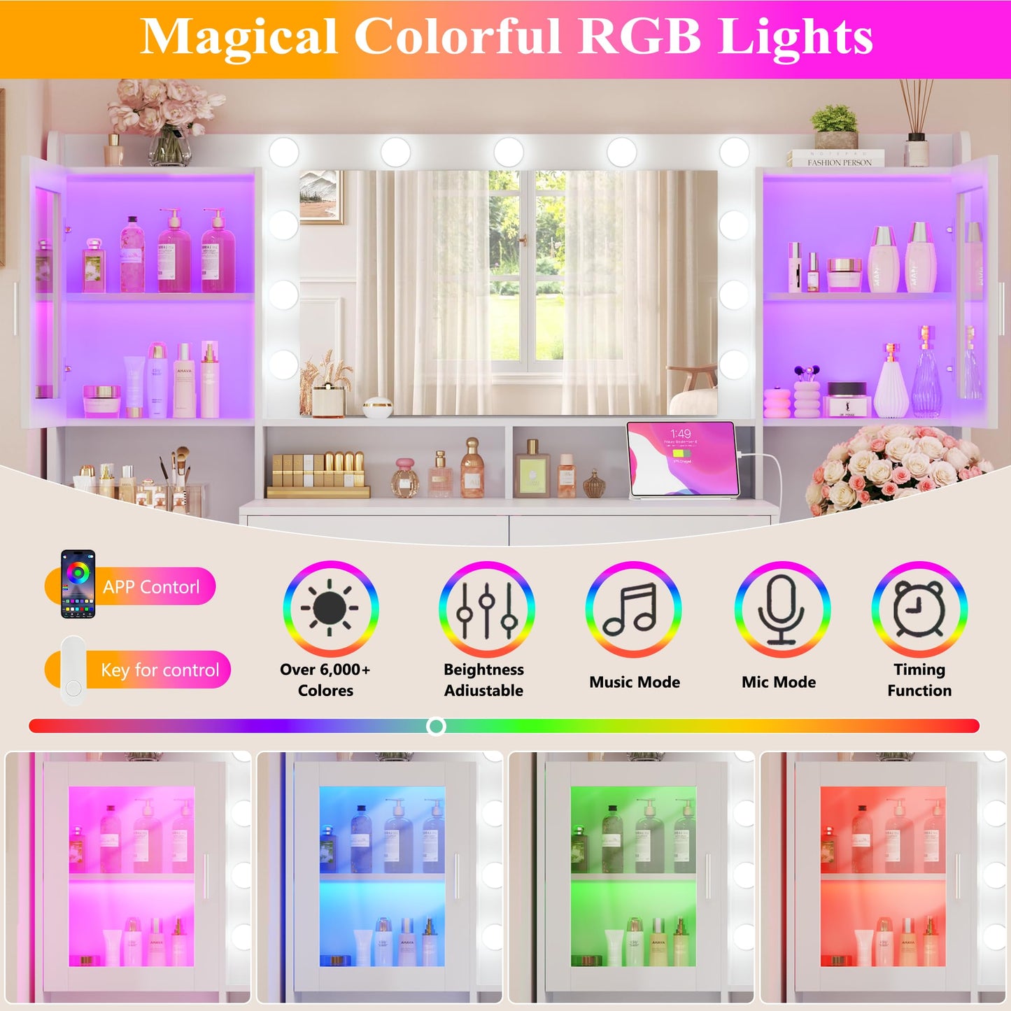 HUAHUU Large Vanity Desk with Mirror & Lights, 54.3'' Makeup Vanity with 4 RGB Cabinets and 4 Drawers, White Vanity Set with LED Lights and Power Outlet, 3 Lighting Modes, Adjustable Brightness