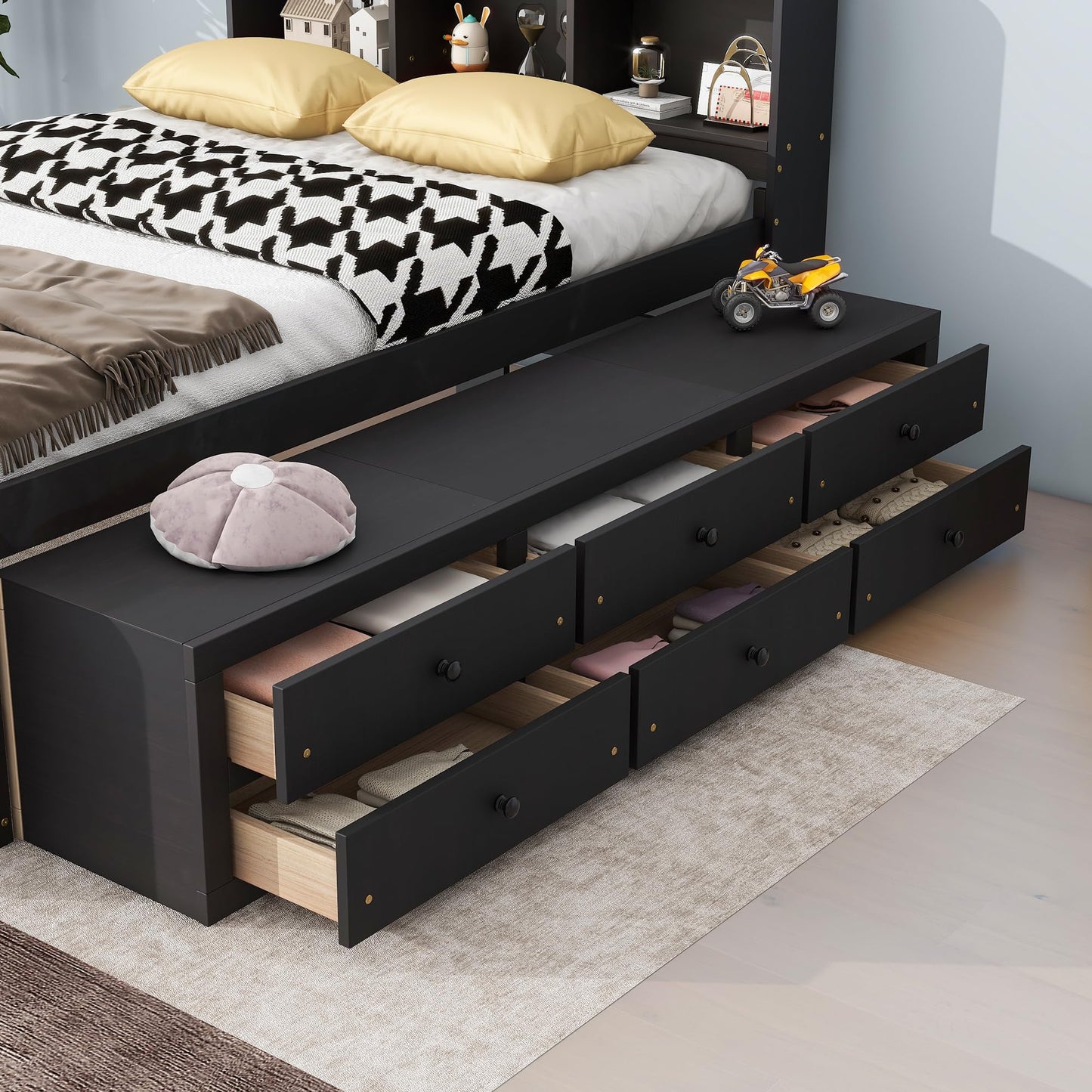 KEIKI Full Size Storage Bed Frame with Bookcase Headboard, 6 Underbed Drawers and Bed End Storage Case, Wooden Platform Bed with Shelves and Storage Cabinet for Small Bedrooms, Espresso