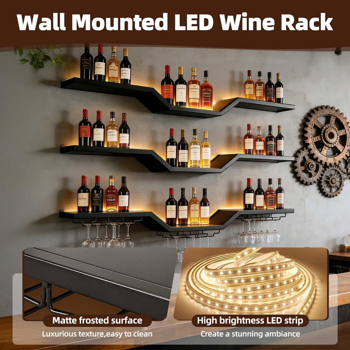ZHDZKJ 𝑼𝒑𝒈𝒓𝒂𝒅𝒆 39.4" LED Modern Wall Mounted Wine Rack, 3-Tier Floating Bar Shelves, Golden High Brightness LED Light Strip, Large Bar Shelf with Wine Glass Rack, for Home Bars and Restaurants