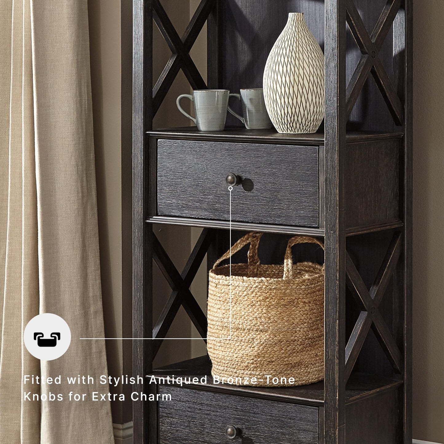 Signature Design by Ashley Tyler Creek Casual Farmhouse 75" Display Cabinet or Bookcase with Drawers and Shelf, Open Lattice Sides, Wood, Gray Black Finish