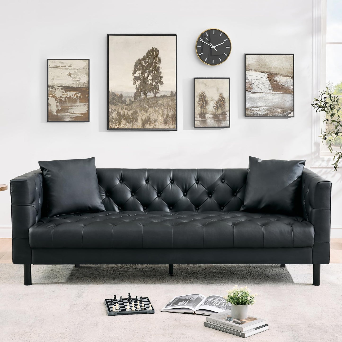Garvee 81 Inch Leather Couch for Living Room, Modern Leather Sofa with Deep Seat, Handmade Button Tufted Sofa, Chesterfield 3 Seat Couch for Apartment, Office, Black