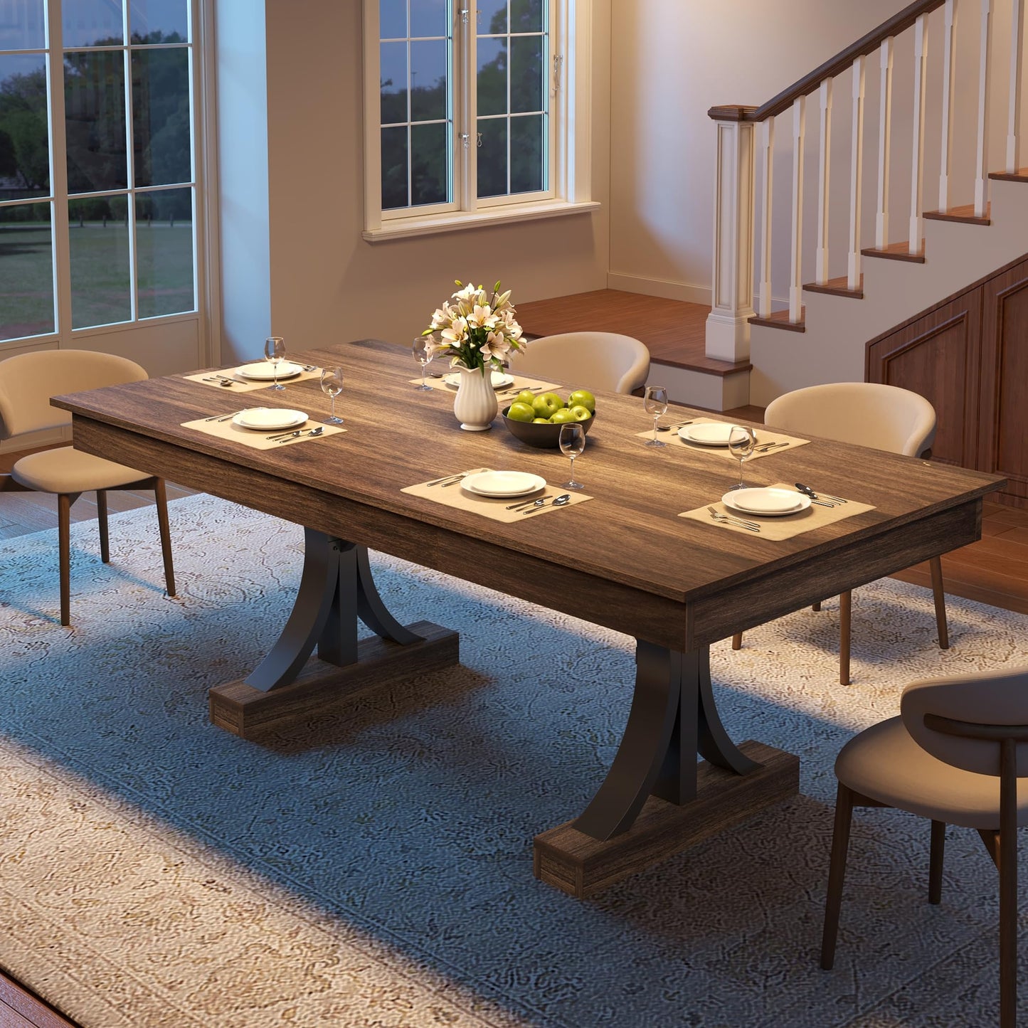 GarveeHome 71-Inch Rectangular Dining Table with Two Drawers, Wooden Kitchen Table w/Large Tabletop & Sturdy Frame, Large Dining Table for 6-8 with Double Pedestal, for Dining Room, Office