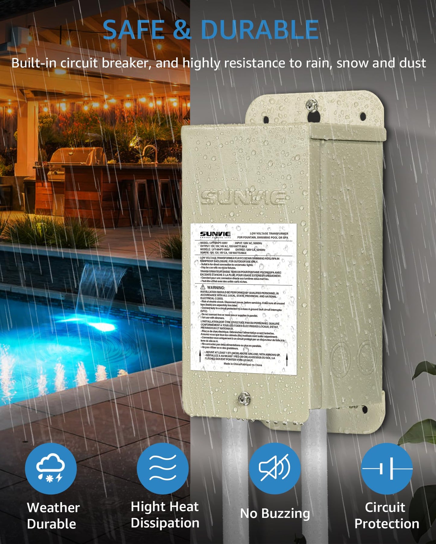 SUNVIE 100W Pool Light Transformer, 120V to 12V/13V/14V AC, Weatherproof, Stainless Steel, Beige, Model LVTPLT100W
