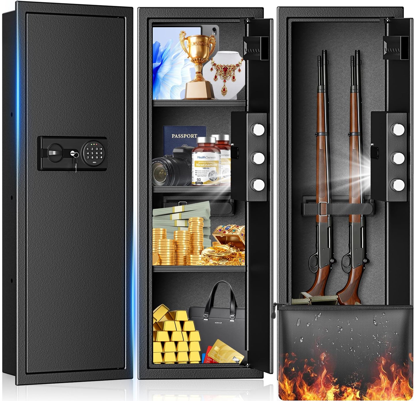 Heavy Duty Fireproof Wall Safes Between the Studs, Extra Large Fire Security Wall Safe with Digital Keypad lock and 3 Removable Shelf, Wall Rifle Safe Fireproof for Home, Gun, Cash, Documents, Jewelry