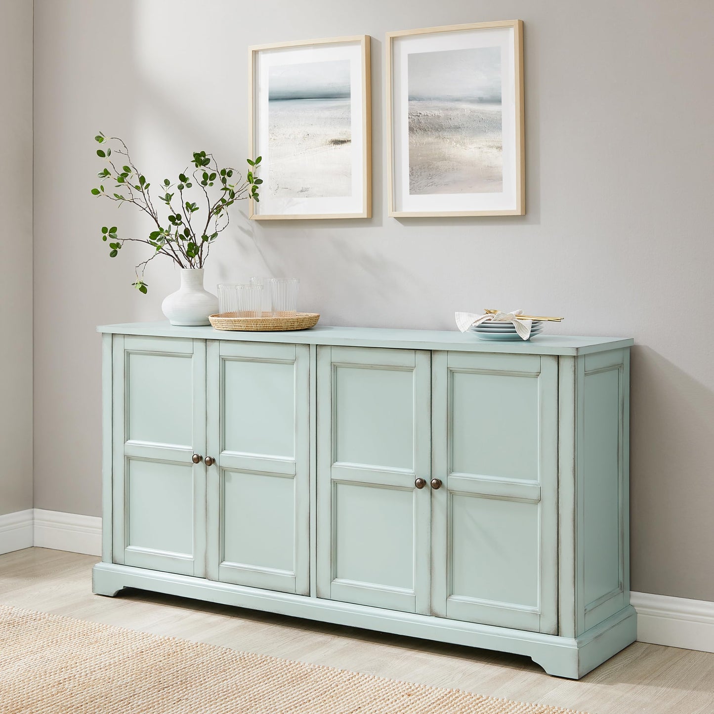 Crosley Furniture Holbrook Traditional Sideboard Buffet Cabinet, Kitchen Storage, Living Room TV Stand, Distressed Seafoam Blue