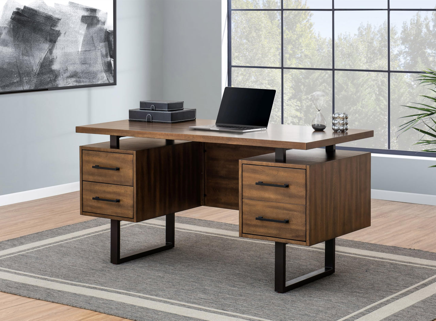 Sunjoy Computer Desk, 60 Inch Milano Floating Pedestal Desk, Modern Home Office Desk Large Work Station with Charging Station and Four Drawers