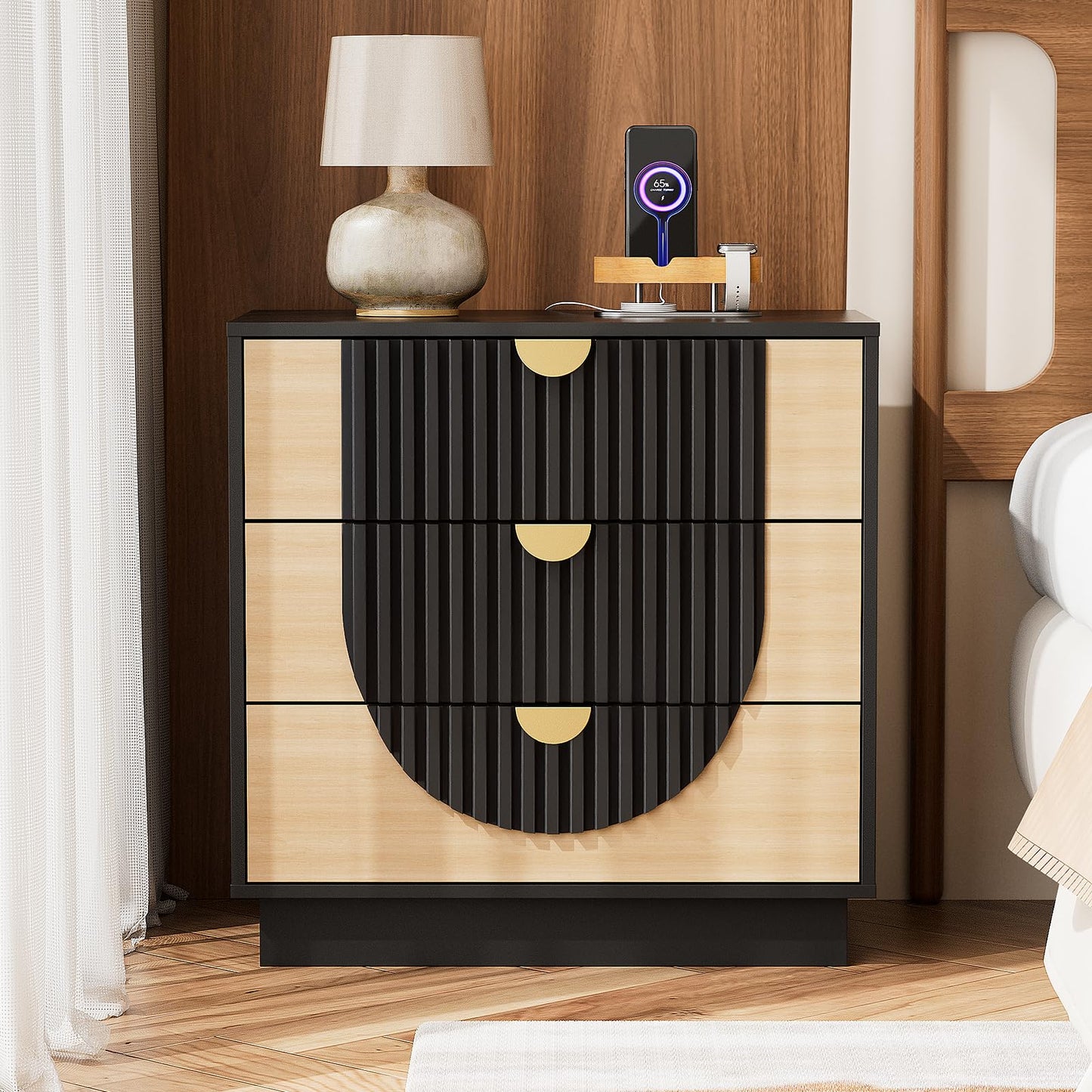 LegacyAmerhome 3 Drawer Nightstand with Charging Station,28" Fluted Night Stand & Modern Bedside Table, Wood End Table Storage Cabinet for Bedroom Hallway, Entryway,Black