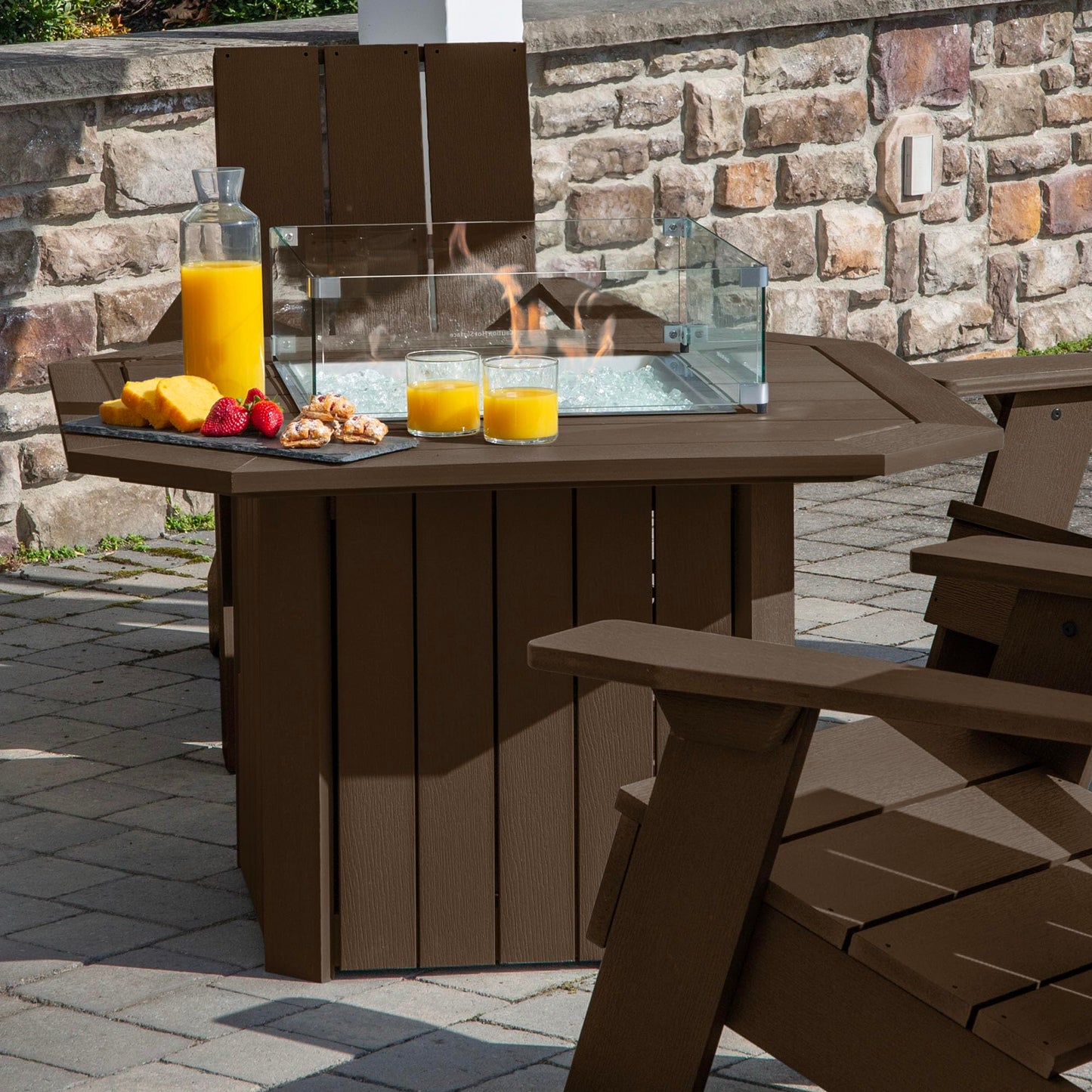 Oasis 5-Piece Conversation Set with Fire Pit Table, 4 Italica Modern Adirondack Chairs and 40” Fire Pit Table with Glass Wind Guard and Rain Cover, Weathered Acorn