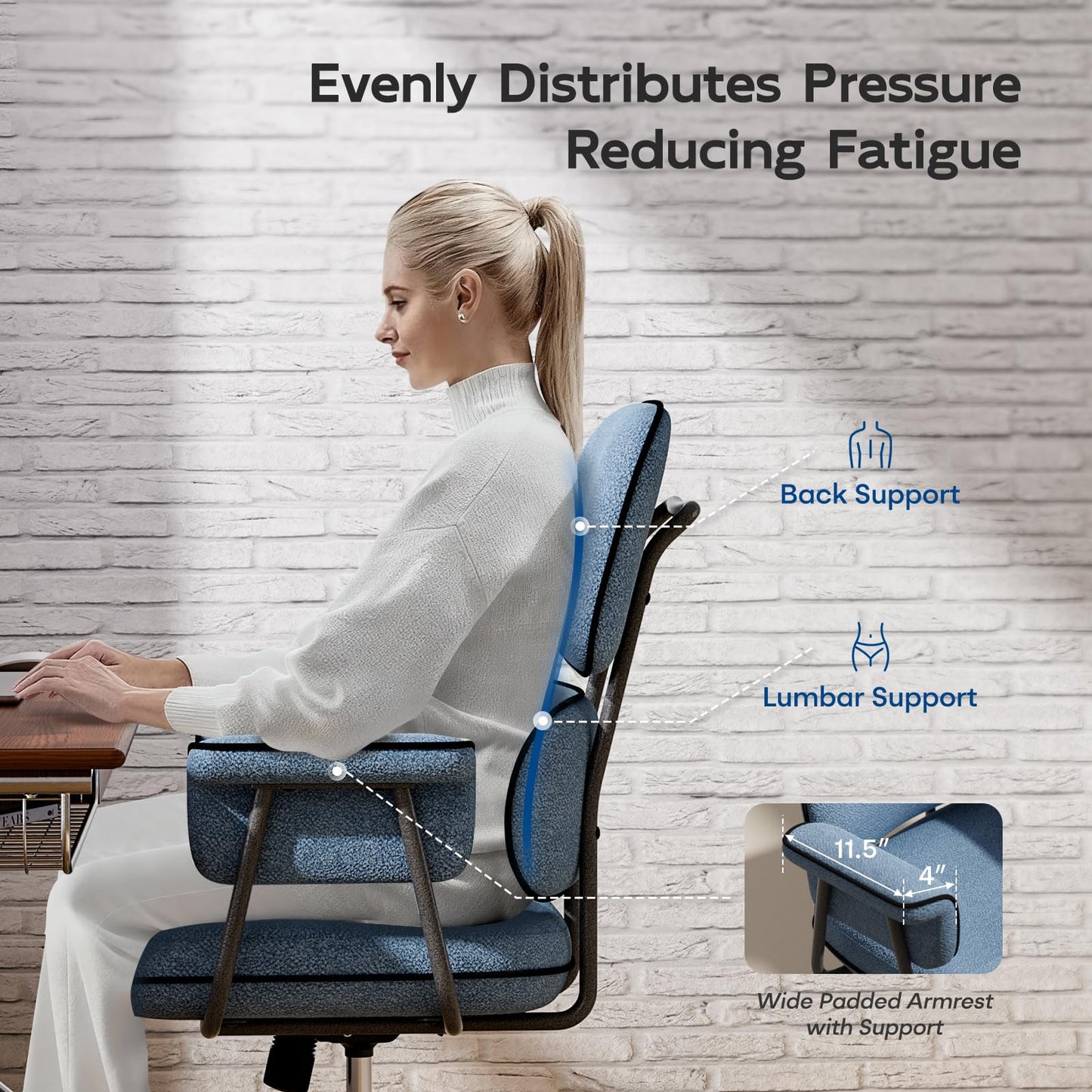 HomeZeer Blue Office Chair with Memory Foam Cushion, Fabric Office Chair with Wheels and Arms, Mid Century Modern Desk Chair with Adjustable Height and Granular Linen