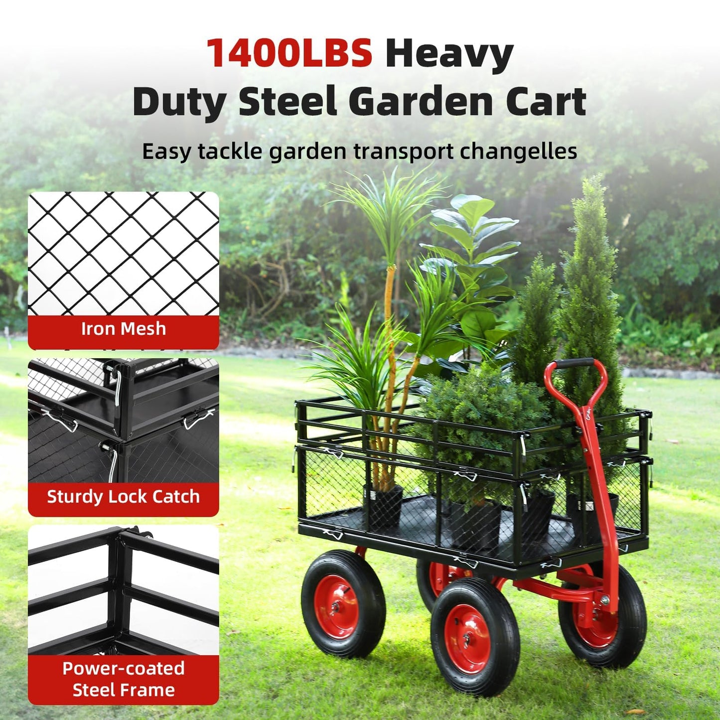 GarveeHome 1400Lbs Heavy Duty Steel Garden Cart, Garden Wagon Cart on Wheels, Metal Yard Utility Wagon with Removable Mesh Sides, 2-in-1 180° Rotating Handle and 16 Inch Wheels for Garden, Farm, Yard
