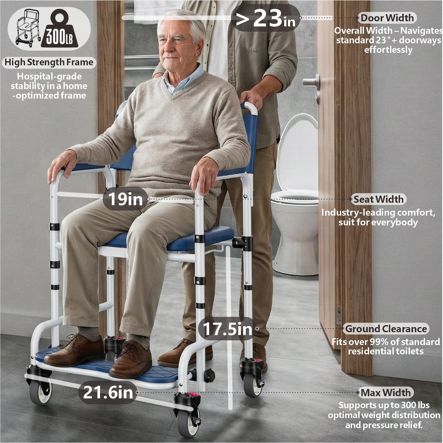 Shower Chair with Wheels, Two Modes Commode Chair for Elderly and Disabled