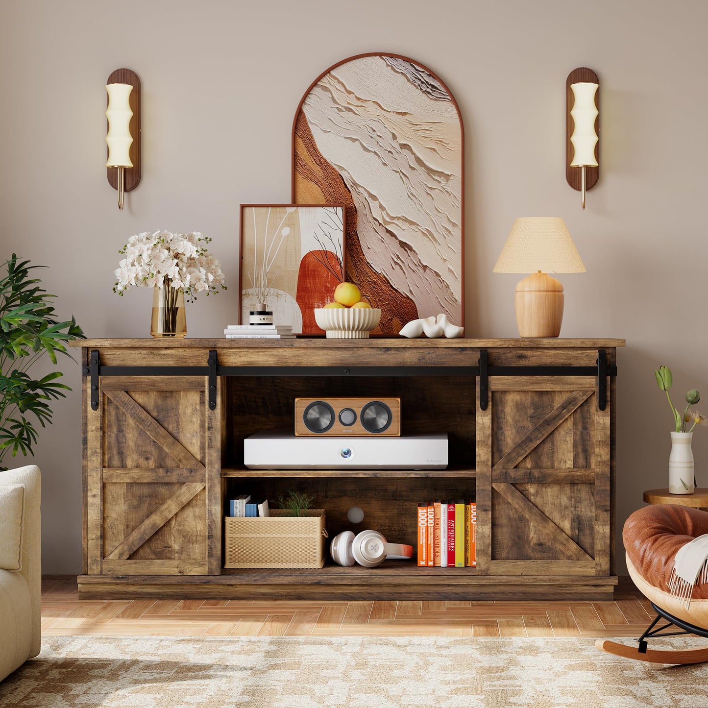 YESHOMY Farmhouse TV Stand for Televisions up to 65 Inch, Wood Entertainment Center with Sliding Barn Doors and 4 Storage Drawers, 58’’ Media Console Cabinet with Shelves for Living Room, Barnwood