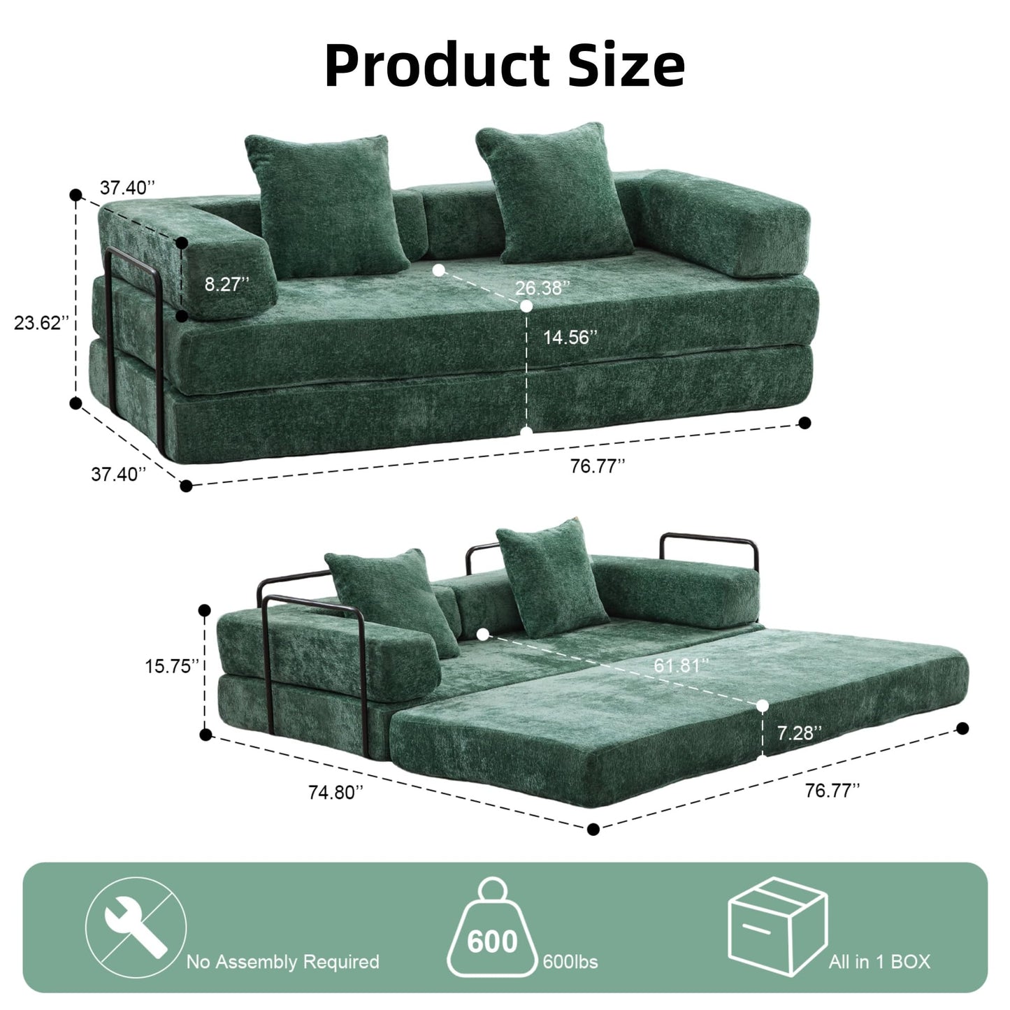 Trygoal 78”Convertible Sofa Bed, 4-in-1 Futon Boneless Couch with Armrest & Pillows, Compressed Chenille Folding Sleeper Bed for Living Room, Guest Room and Dorm, Dark Green