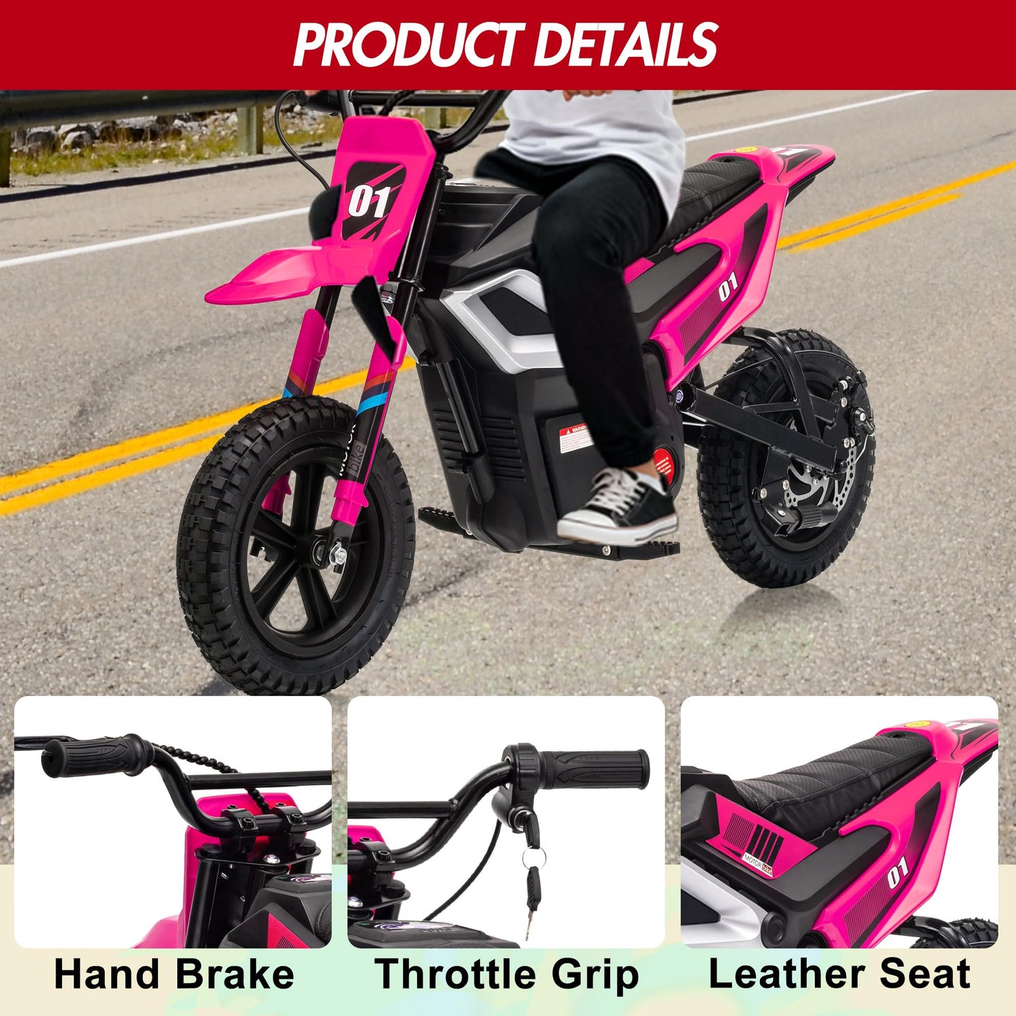 350W 24V Electric Motorcycle for Kids – Mini Dirt Bike with 13.67 MPH Top Speed, 12-Mile Range, Rear Suspension, Twist Grip Throttle, Music, and Comfortable Leather Seat