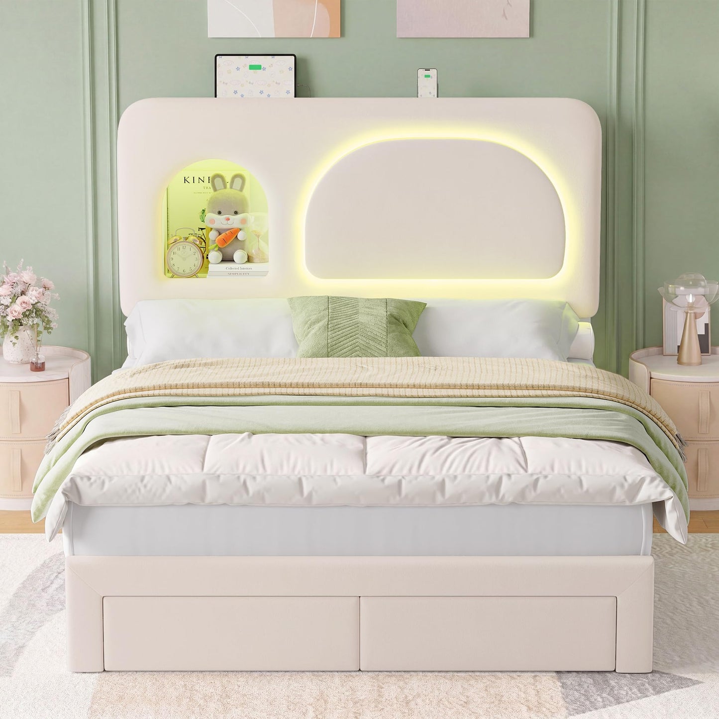 Keyluv Full Size LED Bed Frame with Storage Bookcase Headboard, Charging Station, Velvet Upholstered Platform Bed with 2 Drawers & USB Ports, Sturdy Metal Support, No Box Spring Required, Beige