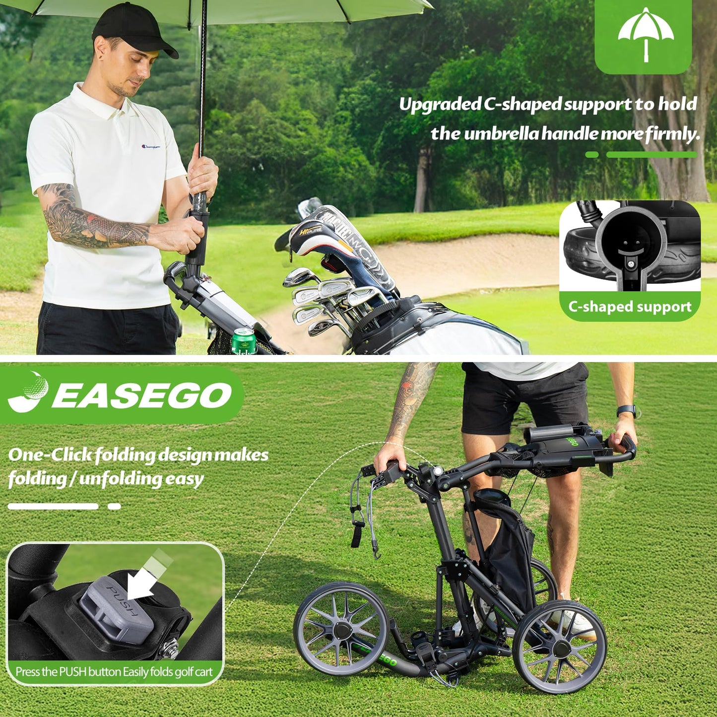 EASEGO Golf Push Cart 3 Wheel : Golf Bag Cart Foldable with Phone/Cup/Umbrella Holder Compact Golf Pull Carts Quick Fold Golf Caddy Push Carts with Large Wheelbase for Different Terrain (Gray)