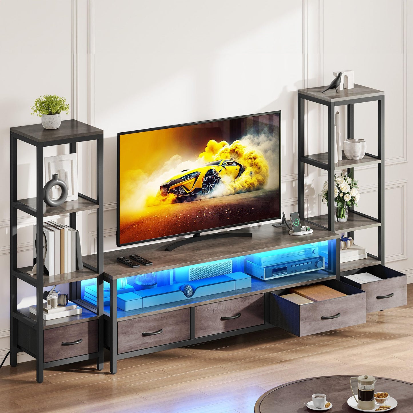 YITAHOME Modern TV Stands for 65 inch TVs, Entertainment Center with Drawers and Bookshelves, LED TV Console Cabinet with Power Outlets for Living Room, Grey