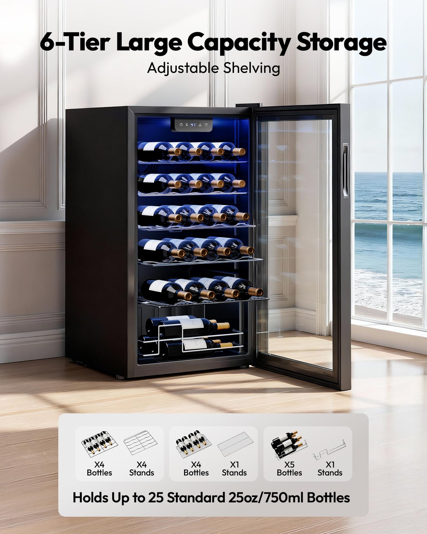EUHOMY 25 bottle Wine Cooler Refrigerator, Freestanding Compressor Wine Fridge with Adjustable Temperature and Digital Control, Mini Fridge with Glass Door for Red White Wine, Beer, Black