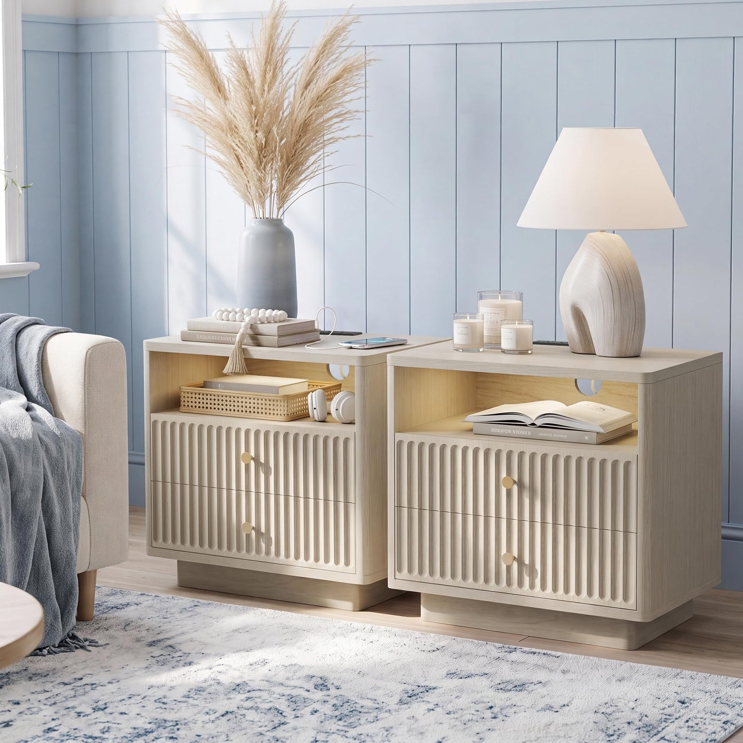 PAPROOS 23'' Fluted Nightstand Set of 2 with Charging Station, Modern Bedside Table with Motion Sensor LED Light, 2-Drawer Storage Cabinet for Bedroom & Home Office (2 pc Beige Gray)