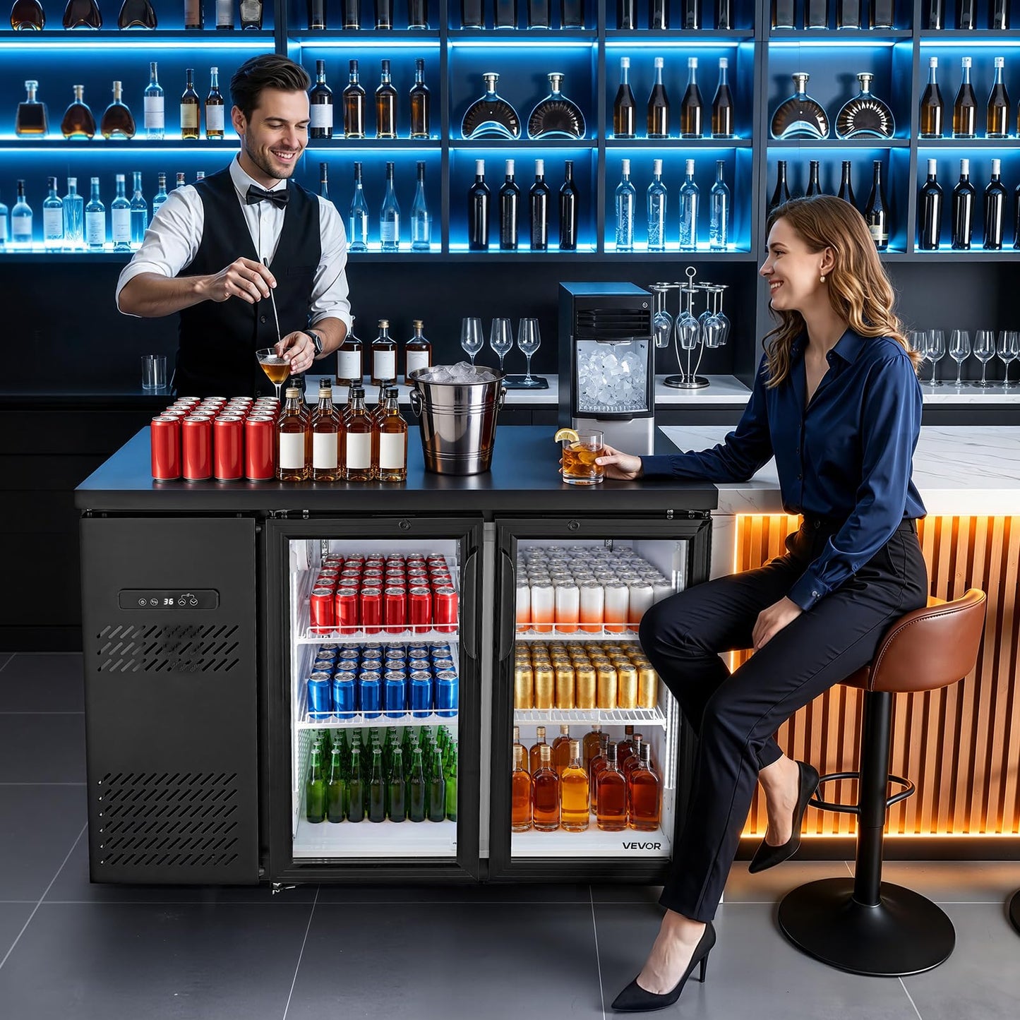 VEVOR Back Bar Cooler, 11.8 Cu. Ft Counter Height Beverage Refrigerator, Commercial Display Fridge w/ 2 Glass Doors, LED Lighting, Shelves, Fan Cooling Beer Wine Cooler for Pub, Merchandiser, Office
