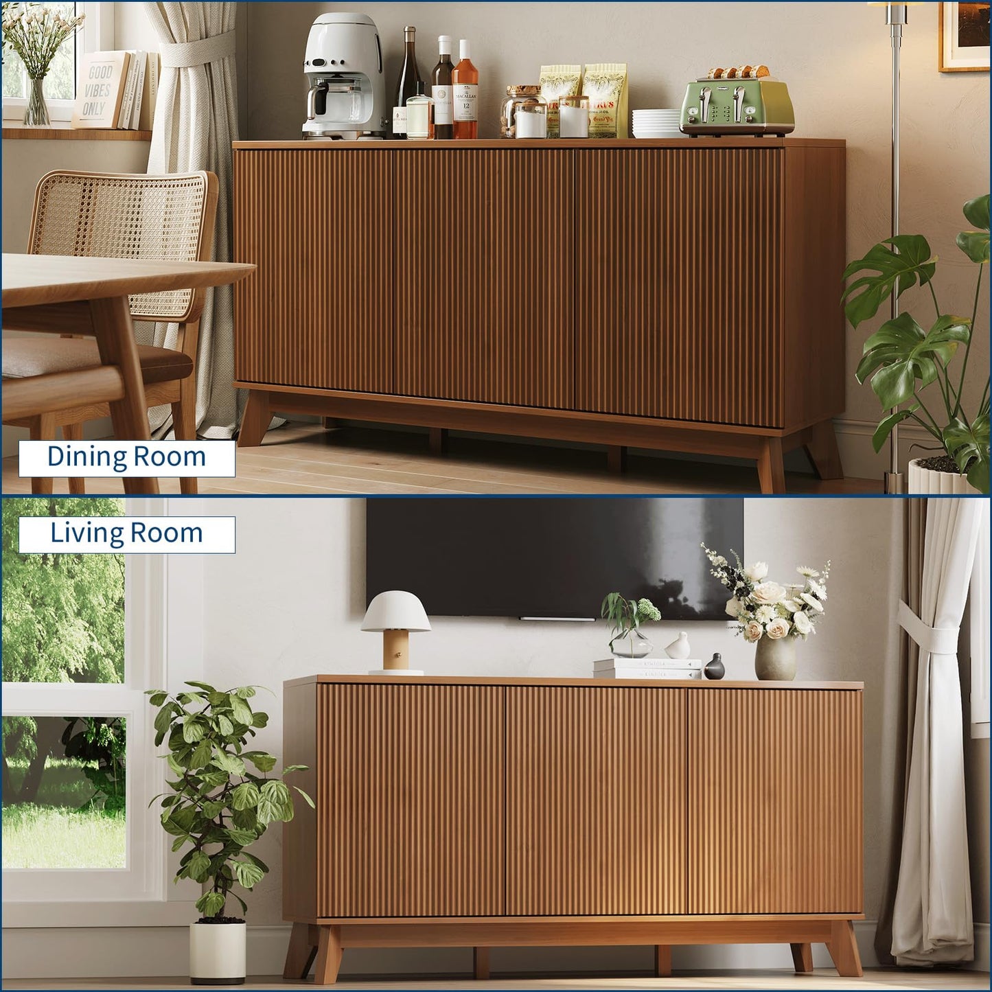 GarveeHome 58" Modern Farmhouse Sideboard Buffet Cabinet with Adjustable Shelves Storage & 4 Doors, Wood Buffet Console Table, Curved Design, Cupboard Coffee Bar Cabinet for Dining Room, Living Room