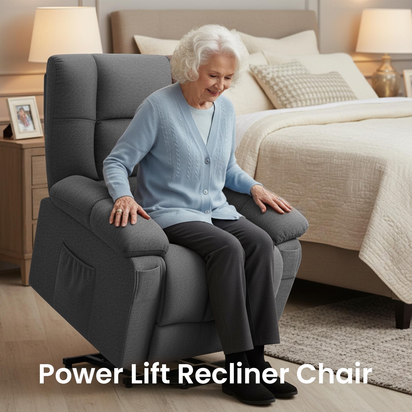 HealSmart Power Lift Recliner Chair with Massage & Heat, Overstuffed Fabric Reclining Chair with Remote, Side Pockets for Living Room & Bedroom, Grey