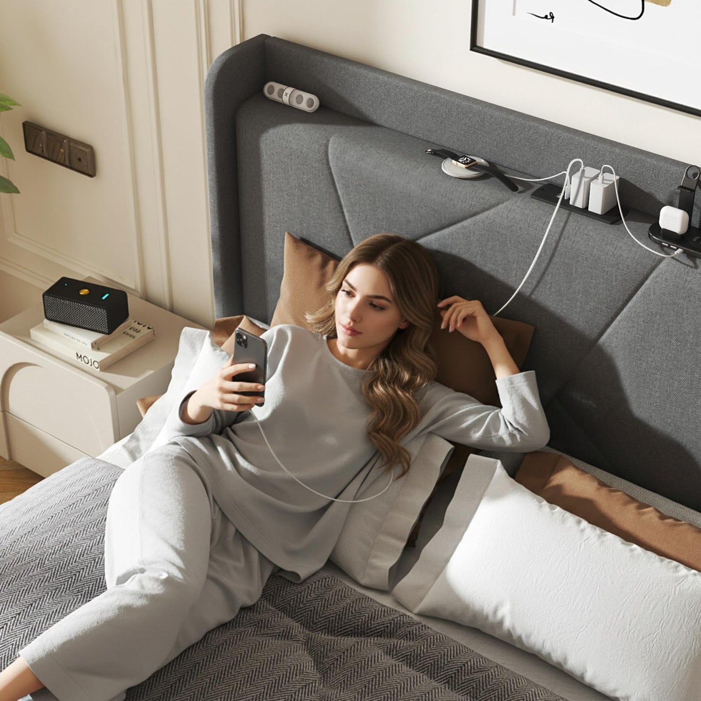 Queen Size Linen Bed Frame, Storage Headboard with Charging Station, Upholstered Platform Bed with Wooden Slats Support, Solid and Stable, Noise Free, No Box Spring Needed, Easy Assembly, Gray