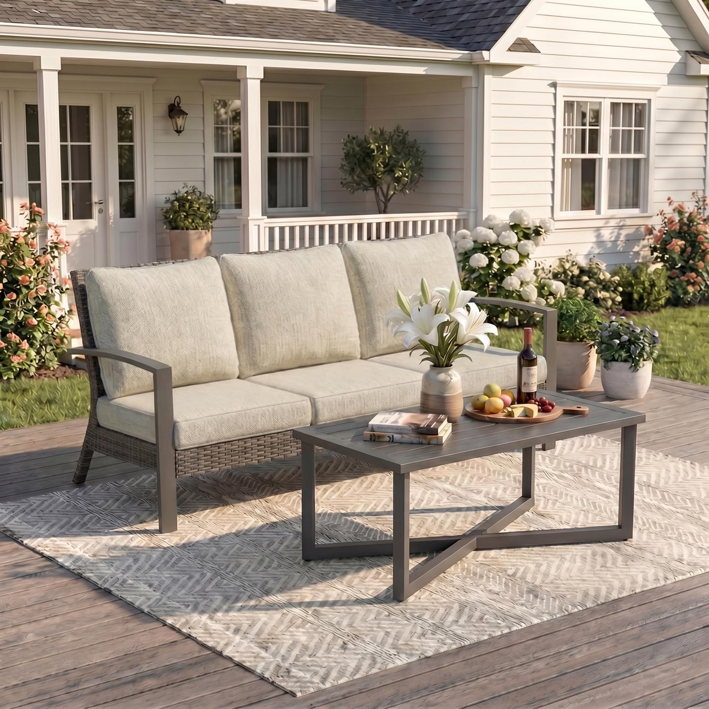 Green4ever Patio Sofa, 2 Pieces Patio Furniture Set with Coffee Table, Wicker Outdoor Furniture with Cushions, Outdoor Couch Set for Porch, Outside Couch for Pool, Deck, Garden, Backyard, Beige