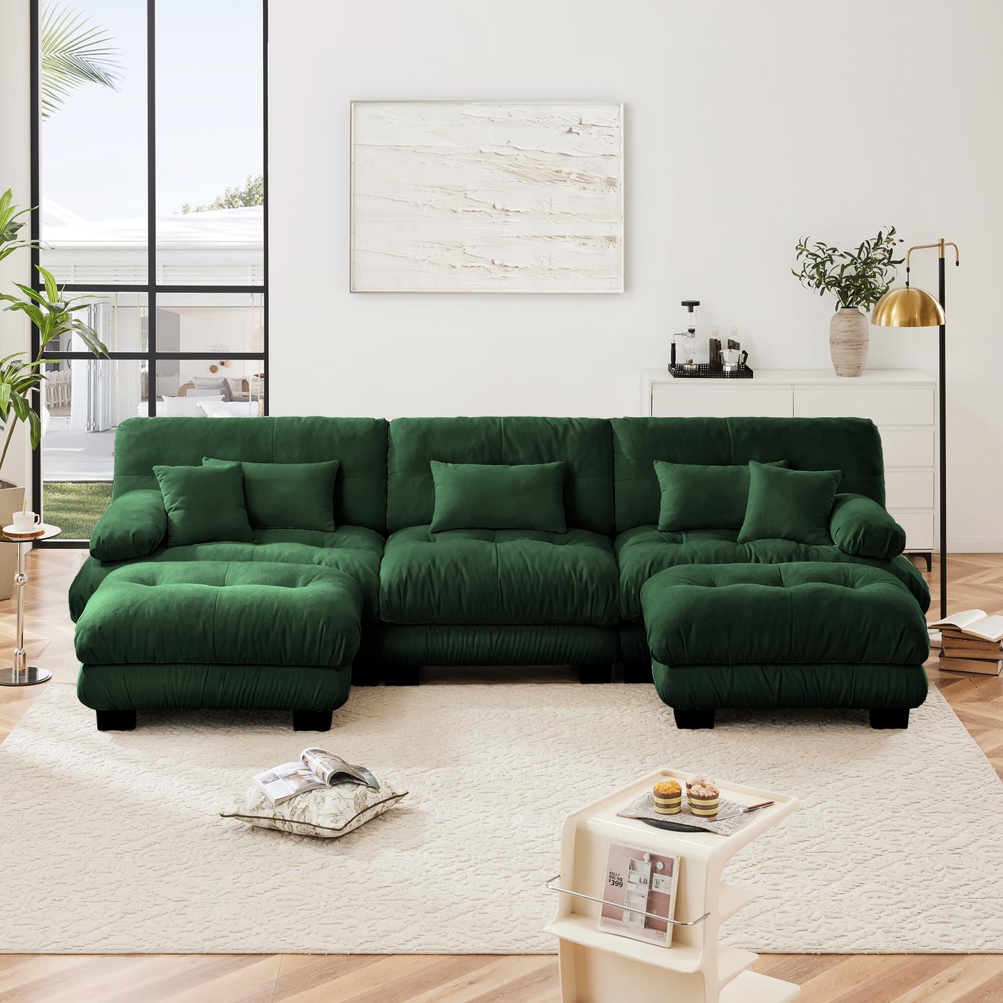 KEIKI 133" Sectional Sofa with Removable Ottomans, 5 Seat U Shaped Sleeper Cloud Couch Set, Comfy Chenille Upholstered Modular SofaBed for Apartment Living Room, Throw Pillows, Dark Green